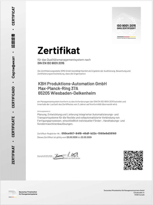 ISO 9001 KBH Produktions-Automation GmbH